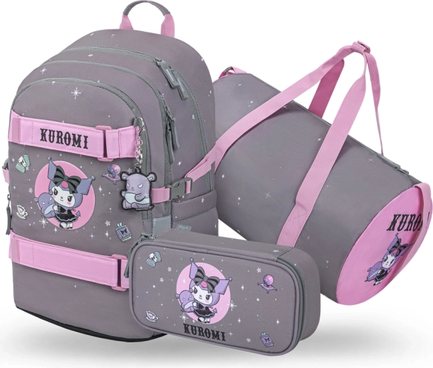 Set Baagl 3 Skate Kuromi Grey – sac à dos scolaire, trousse et sac de sport (GRS)