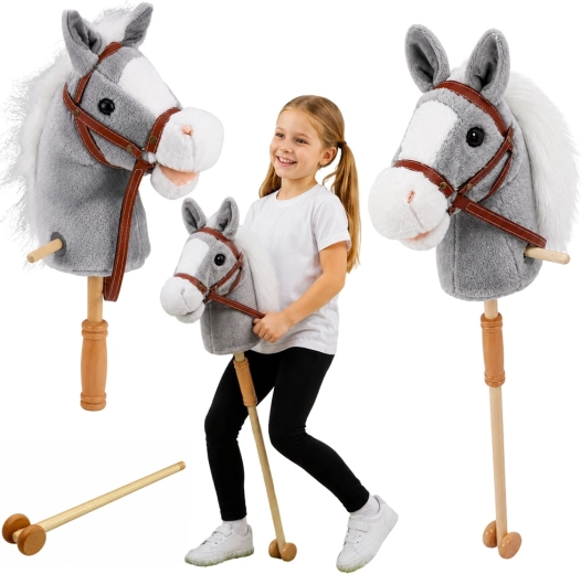 Cheval bâton Hobby Horse gris 100 cm avec sons et roulettes