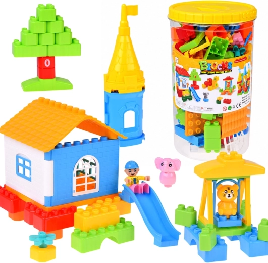 Grandes briques de construction en plastique, 94 pièces, dans une boîte avec poignée et figurines