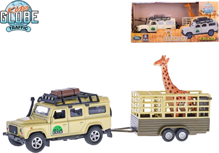 Voiture tout-terrain en métal avec remorque et girafe 14 cm – LAND ROVER DEFENDER à rétrofriction
