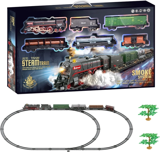 Circuit de train électrique – locomotive à vapeur avec fumée, lumière et son, 89 pièces
