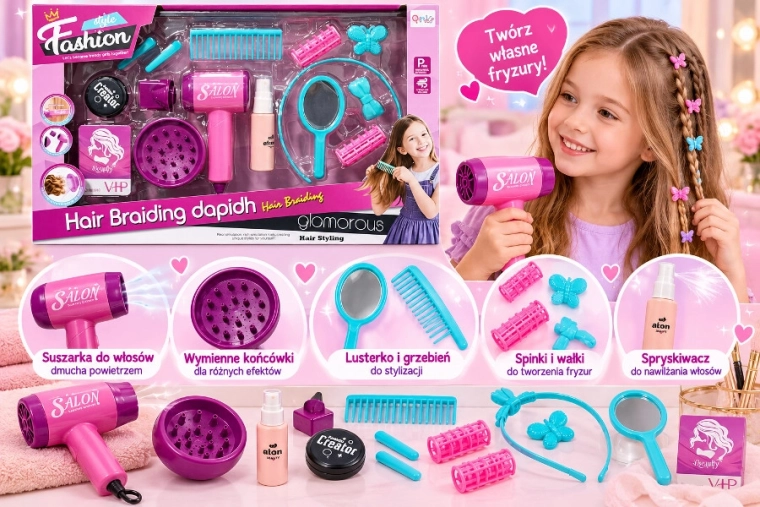 Set de coiffure pour enfants avec sèche-cheveux électrique et accessoires