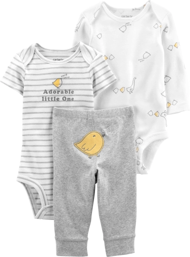 Ensemble bébé 3 pièces Carter’s Grey Chick – body manches courtes, body manches longues et pantalon