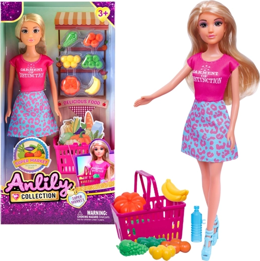 Poupée avec panier de courses et stand de fruits et légumes