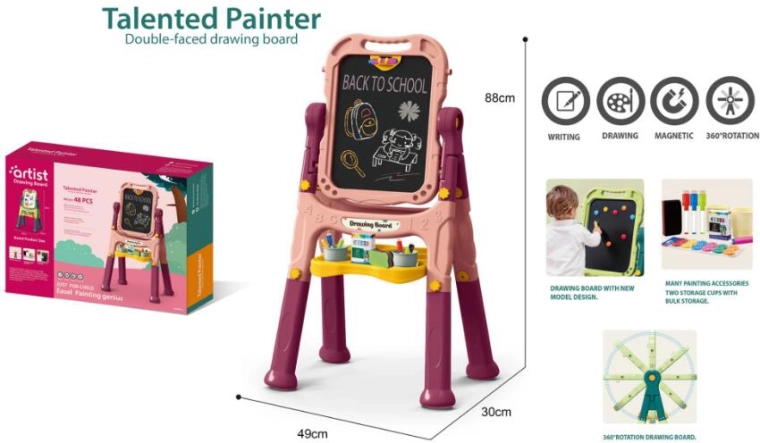 Tableau artistique pour enfants 48 pcs – rose, double face à craie et magnétique