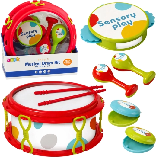 Set d’instruments de musique pour enfants : petit tambour, hochets, tambourin et castagnettes