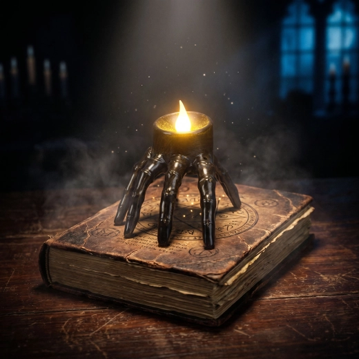 Bougie LED d’Halloween dans une main de squelette, à piles
