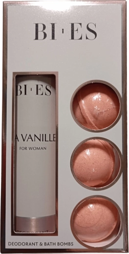 Coffret cadeau BI-ES La Vanille pour femme – 3 bombes de bain effervescentes + déodorant en spray