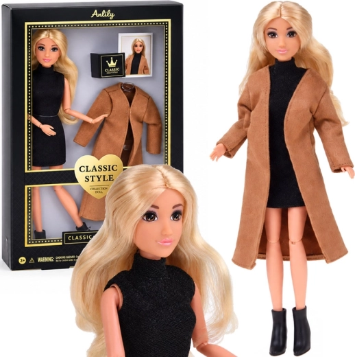 Poupée Anlily de style classique avec manteau marron et robe noire