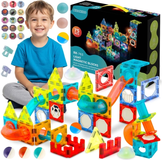 Ricokids kit de construction magnétique phosphorescent – circuit de billes XL (70+ pièces)