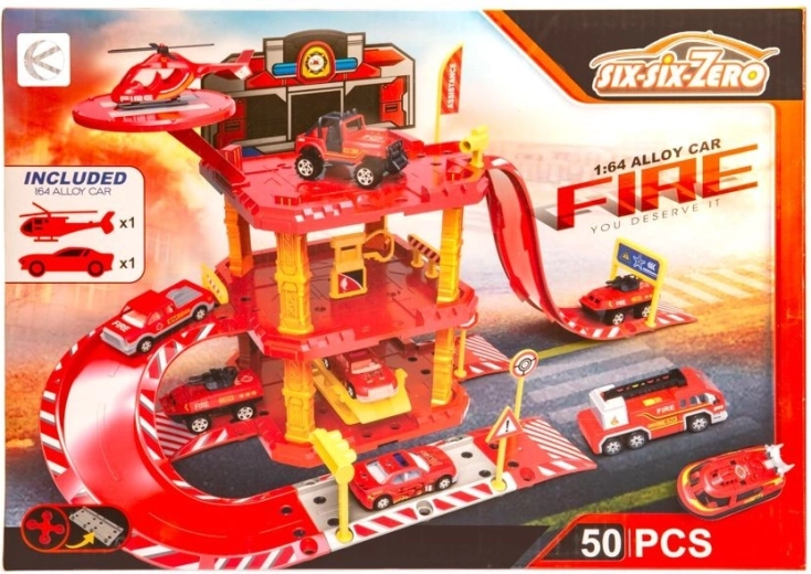 Parking à plusieurs niveaux avec piste de course pompiers – 50 pièces