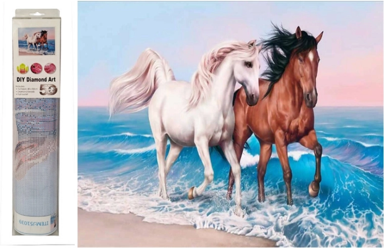 Mosaïque diamant chevaux galopant dans la mer