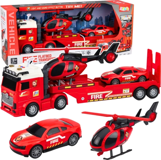 Set de pompiers avec camion-remorque de dépannage, hélicoptère et voiture de sport avec lumières et sons