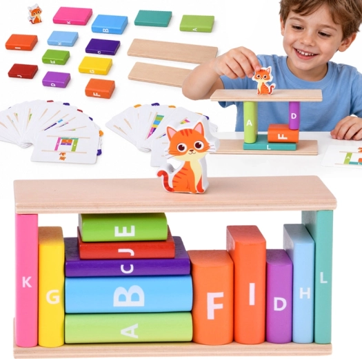 Jeu de logique et d'équilibre en bois avec un petit chat