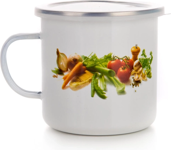 Mug émaillé avec décor de légumes 0,7 l avec couvercle en plastique