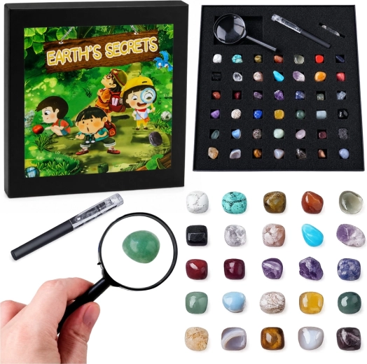 Ensemble de minéraux et de cristaux naturels (43 pcs) avec loupe et stylo