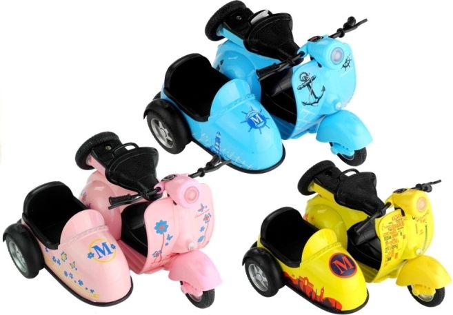 Modèle en métal de scooter avec side-car 1:14 avec lumière et son, 3 couleurs