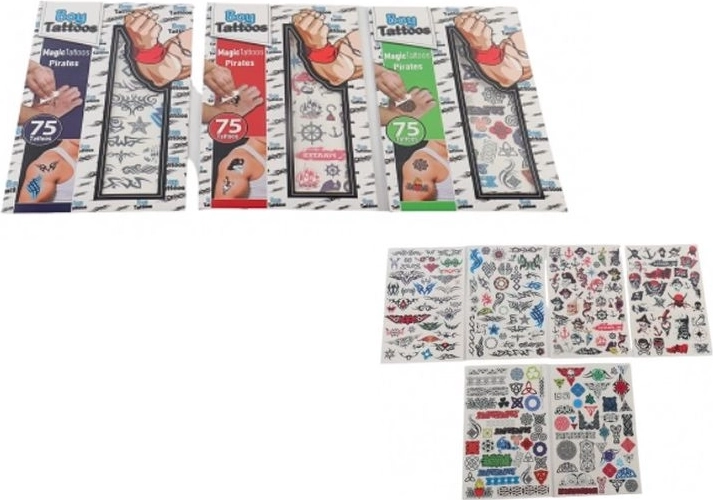 Magic Tattoos – tatouages temporaires lavables pirates pour garçons (75 pièces)