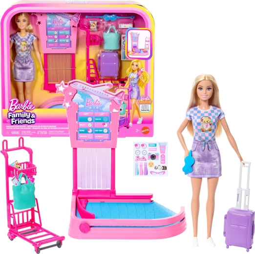 Aéroport Barbie – set de jeu enregistrement et récupération des bagages avec poupée et accessoires