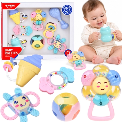 Set pastel de hochets et d'anneaux de dentition 2 en 1 pour bébés – 8 pièces