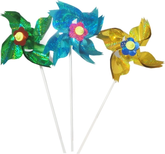 Moulin à vent holographique coloré sur tige en plastique