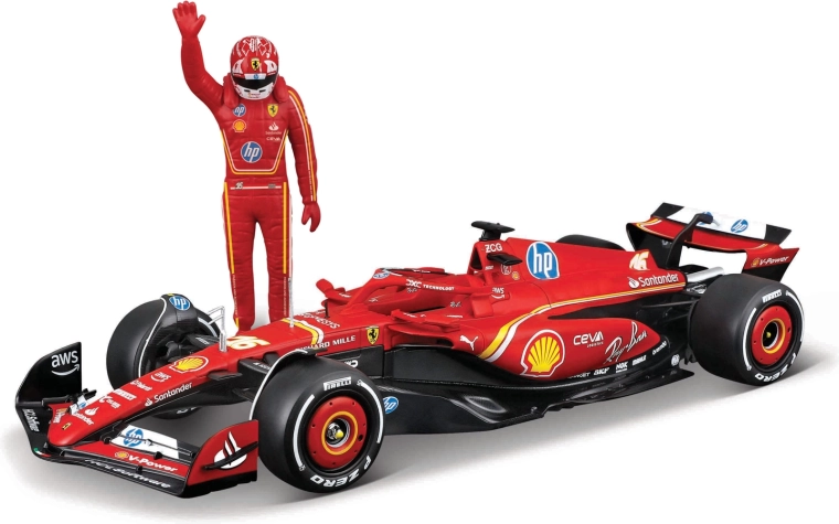 Modèle F1 Bburago Ferrari SF-24 (2024) avec figurine du pilote Charles Leclerc 1:24