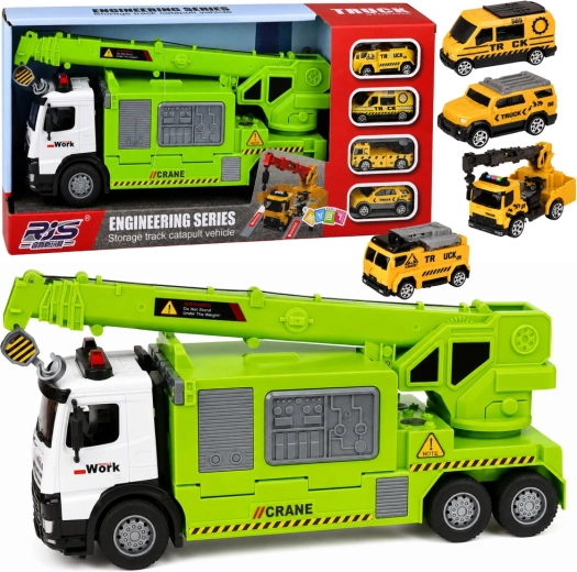 Camion-grue vert pour enfants avec transporteur de voitures, lumières et sons (4 véhicules)