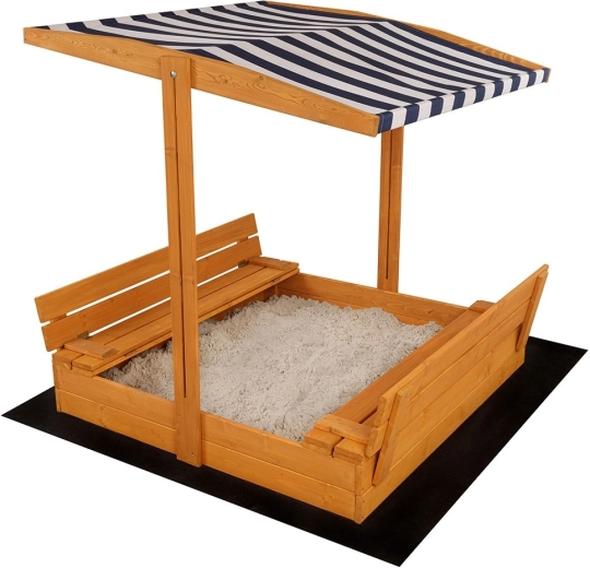 Bac à sable en bois fermable avec bancs et auvent BABY MIX 120 × 120 cm bleu‑blanc