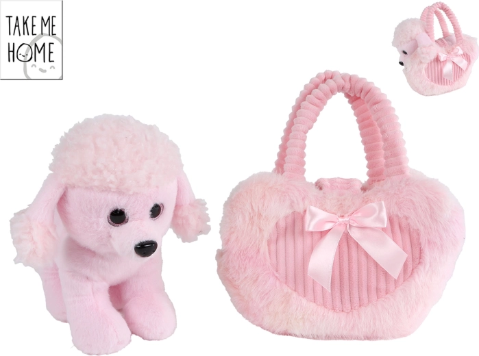 Take Me Home caniche en peluche rose avec sac de transport 33 × 30 cm