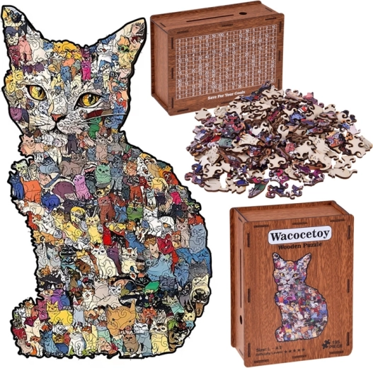 Puzzle en bois chat 2-en-1 avec boîte–tirelire (vintage), A3, 195 pièces