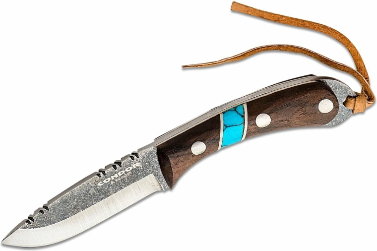 Couteau de cou suspendu CONDOR Blue River 5,9 cm, bois de noyer, turquoise, étui en cuir