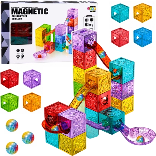Blocs de construction magnétiques – circuit de billes, blocs transparents colorés (28 pièces)