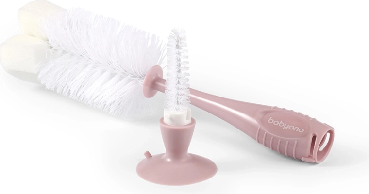 Brosse Babyono pour biberons et tétines avec ventouse, rose