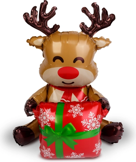 Ballon en aluminium de Noël en forme de renne avec cadeau, 60 x 65 cm