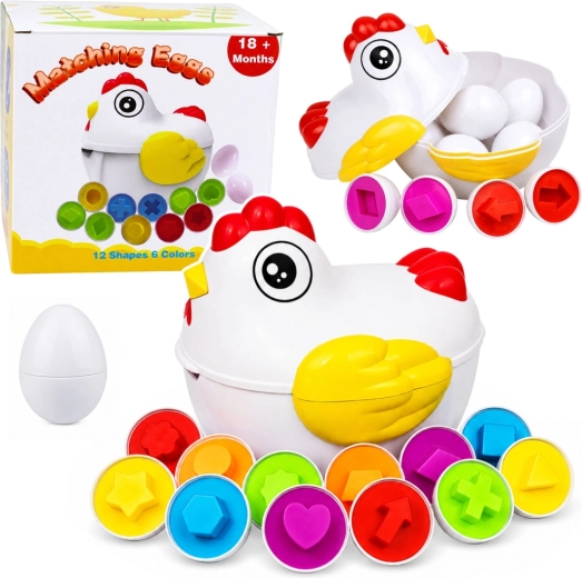 Poule éducative avec 12 œufs à ouvrir – trieur de formes et de couleurs