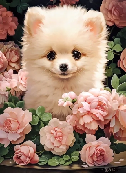 Puzzle chiot Poméranien parmi des roses 60 pièces