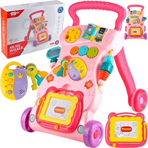 Trottinette pousseur avec tableau et clés rose