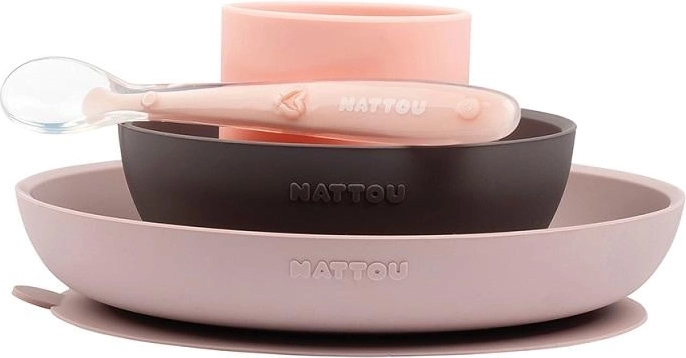 Nattou set de repas en silicone 4 pièces, rose‑violet, sans BPA