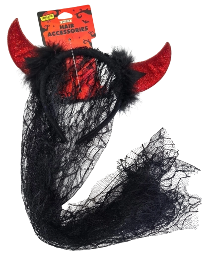 Serre-tête Halloween avec cornes et voile noir - 1 pièce