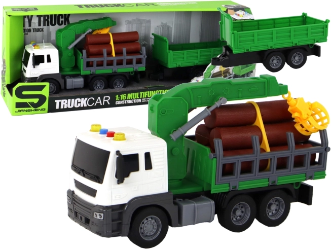 Camion forestier vert avec grue et remorque 1:16 avec sons et mécanisme à friction