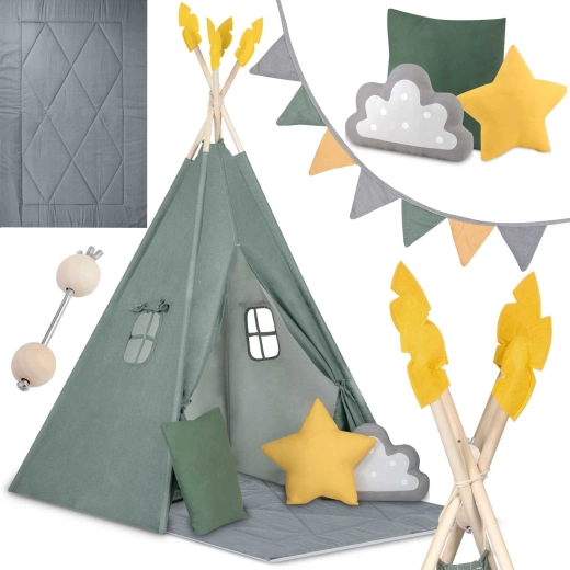 Tipi pour enfants Nukido vert avec tapis et coussins