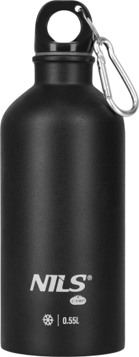 Bouteille de randonnée en acier inoxydable NILS 0,55 l noire avec mousqueton