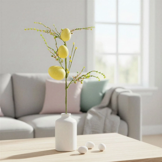 Branche scintillante de Pâques avec œufs jaune citron 40 × 16 cm