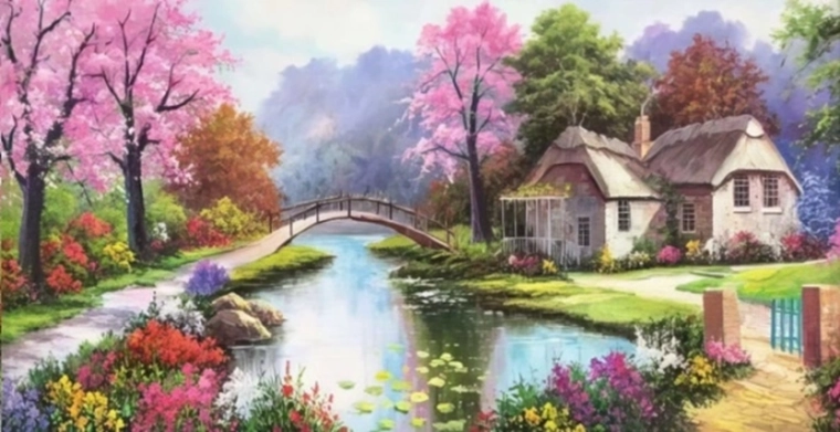 Peinture diamant – hameau idyllique au bord de la rivière 80 × 40 cm