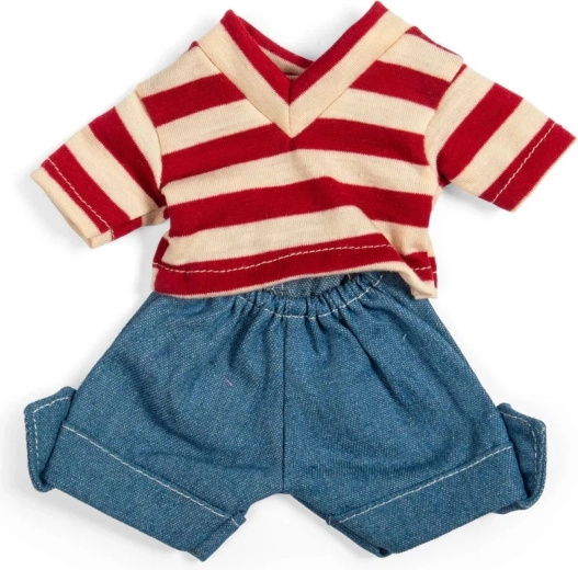Bigjigs Toys short en jean et t-shirt rayé rouge et blanc pour poupée 28 cm