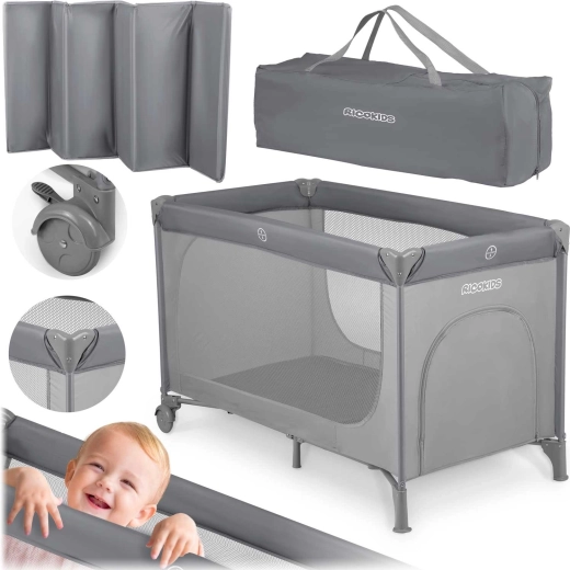 Lit de voyage gris avec matelas et sac de transport 125 × 65 × 78 cm