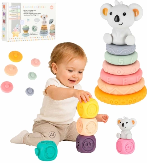 Cubes sensoriels souples et pyramide avec koala – jouet éducatif à assembler 13 pièces