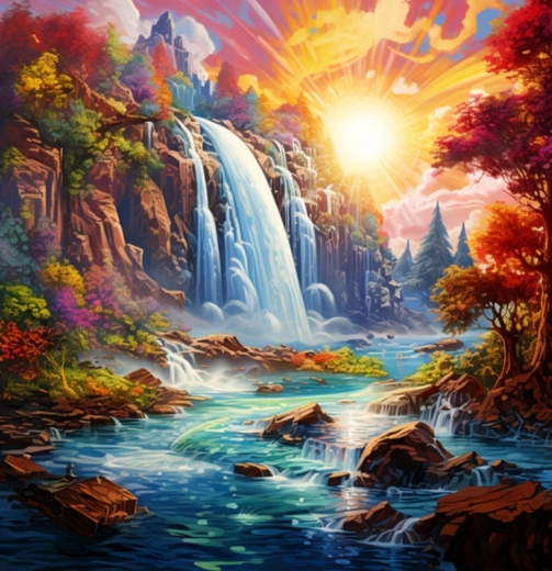Peinture diamant Coucher de soleil près de la cascade 30 × 40 cm