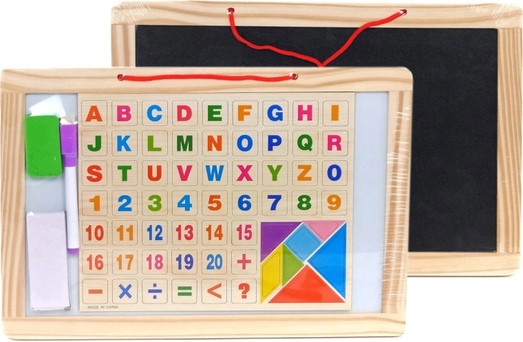 Tableau magnétique double face pour craies et feutres avec lettres, chiffres et puzzle