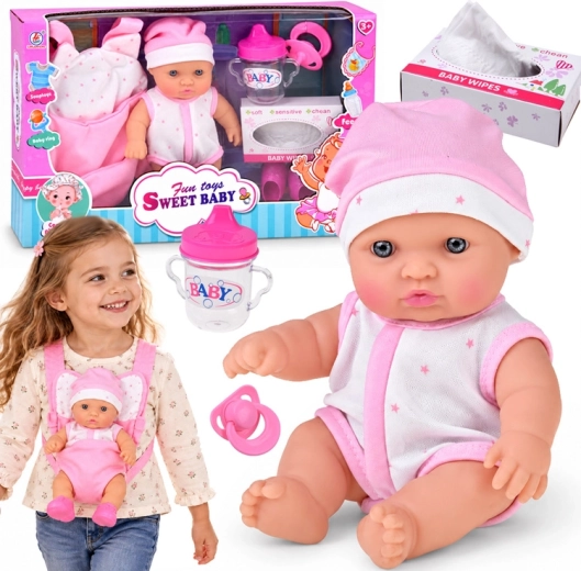 Poupée bébé 20 cm dans un porte-bébé avec tétine, biberon et accessoires